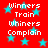 Red background with cyan stars and repeated white text 'Winners Train Whiners Complain' in pixelated font.