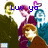 Pixelated image with blue text 'luv yo' overlaid on a scene featuring multiple figures in various colors and poses.