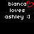 Pixelated text reads 'bianca loves ashley :]' with a red heart symbol replacing the 'a' in 'bianca' on the left side of the image.