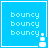 Blue square icon with three lines of 'bouncy' text and a white pixelated object in the bottom-right corner.