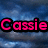 Pixelated text 'Cassie' in bright pink with black outline on blue gradient background.