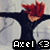 Pixelated character with red spiky hair and dark clothing, arms outstretched against a light background, with text reading "Axel <3" below.