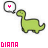 Green dinosaur with black outline and white speech bubble containing colored symbol, displayed in six variations with different colors for the symbol and text.