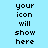 Pixelated black text on light blue background reads 'your icon will show here' in two vertical