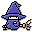Pixel art character in blue robe and hat holding staff with smoke effect, two poses showing slight movement.