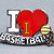 A pixelated graphic with 'I' and a red heart symbol over the word 'BASKETBALL', featuring green text on a gray background.