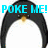 Pixelated penguin with black head and white body, blue text "POKE ME!" above and below, eyes closed in top-left and bottom-left frames, eyes open in top-right frame.