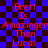 Red pixelated text on a blue and black checkered background, with repeated phrases arranged in vertical