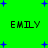 Green background with blue plus signs and repeated 'EMILY' text in pixelated font, showing animation changes between frames.