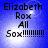 Blue background with white light burst, four lines of black text reading Elizabeth Rox All Sox! followed by ten exclamation marks.