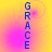 Vertical blue text "GRACE" on a yellow-pink gradient background with pixelated circular patterns, displayed in four identical quadrants.