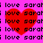 Pixelated red heart overlaid on repeating black text 'love sarah' against bright pink background, static image with no visible motion changes.