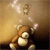 Pixelated brown teddy bear with white chest and paws sits against a gradient background with floating light particles.