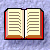 Six pixelated book icons arranged in two , each showing a different page-turning state with red covers and brown spines against a textured blue background