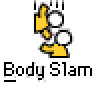 Animated contact sheet showing two frames of a pixelated yellow stick figure performing a body slam action with white circular heads, alongside red text reading "badass buddy .com" and black text reading "Body Slam" on gray background.