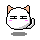 Pixel art contact sheet showing two frames of a white cat-like character with closed eyes, pink cheeks, and orange inner ears against a gray background.
