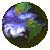 Pixelated Earth globe with green landmasses and blue water, rotating through multiple angles showing continents and cloud patterns.