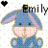 Pixelated bunny icon with blue body and pink cheeks, two heart symbols above head, text 'Emily' partially visible on white background.