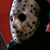 Static pixelated image of a hockey mask with blood splatter on dark background, red and black color scheme.