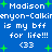 Blue background with white pixelated text reading "Madison Canyon-Calkin is my bff for life!!! <33" repeated twice, surrounded by green plus signs.