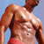 Pixelated static image of a shirtless male figure with muscular build, red swim trunks, and raised arm against light blue background.