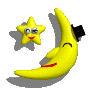 Yellow crescent moon with closed eyes and red mouth, black top hat; yellow star with open eyes and red mouth beside it on gray background.