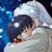 Pixelated image of two figures in close embrace against a blue and white background with scattered light effects.