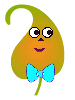 Animated leaf-shaped character with green stem, brown body, blue bow tie, and changing facial expressions.