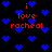 Static pixel art with red text 'i love racheal' repeated over a black background filled with blue heart shapes.