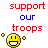 A 3x3 contact sheet of an animated AIM buddy icon showing repeated frames with "support our troops" text and a smiling emoji, arranged in rows from top-left to bottom-right.