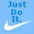 Pixelated blue background icon with bold blue text "Just Do It." and a white Nike swoosh logo below the text.