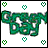 Static pixel art icon featuring a green maze-like shape with white cutouts, surrounded by six small green heart symbols on a white background.
