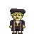 Pixel art of a historical figure with light brown skin, dark hair styled in a tricorn hat, wearing a dark coat over a white shirt and yellow cravat.