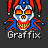 Pixel art jester skull icon with red and blue colors, yellow teeth, orange eyes, and