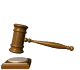 Animated sequence of a wooden gavel in various positions above a sound block, showing motion from raised to lowered states.