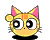 A 4-frame animated contact sheet of a pixelated yellow cat mascot with pink ears and orange stripes, showing subtle eye movement across frames on a gray background.