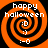 Four identical orange and black spiral patterns with white text reading 'happy halloween' at the top, a smiling face emoticon in the center, and ':~O' below it.