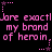 Pink pixelated text repeats 'Jare exact! Jare exact! my brand of heroin.' across two with star and dot decorations on black background