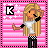 Pixel art character with long blonde hair, white crop top, black pants with checkered waistband, and black wristbands against pink striped background with white stars.