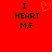 Red background with dark green text reading "I HEART M.F" and an orange pixelated heart symbol above the word HEART.