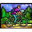 Pixelated animation of a person riding a bicycle through a landscape with green trees and blue sky.