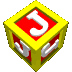 yellow cubes with red faces displaying white 'J' letters, arranged in five and six against a gray background
