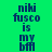 Green background with blue pixelated text reading "niki fusco is my bff" arranged in a pattern, featuring light cyan rectangular overlays on the top and bottom