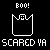 Black background with white pixelated text and a ghost icon; 'BOO!' at top, a rectangular frame with a wavy top edge containing two square eyes and a mouth in the center, 'SCARED YA' at bottom.