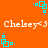 Pixelated orange background with cyan square-and-dot patterns and repeated white text "Chelsey<3" in two