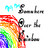 Pixelated icon with rainbow gradient background and partial text fragments in grayscale and cyan.