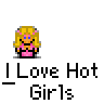 Animated contact sheet of a pixel art buddy icon featuring two characters: a blonde woman in pink and a blue stick figure, with text "Love Hot Girls" below each frame.