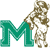 A large teal 'M' with a pixelated brown and white figure leaning against it on a white background.