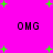 Bright pink background with four instances of 'OMG' text and scattered green plus signs in a pixelated style.