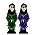 Pixelated elf figures in green and purple robes stand side-by-side against a gray background, with one figure's hand position changing between frames.